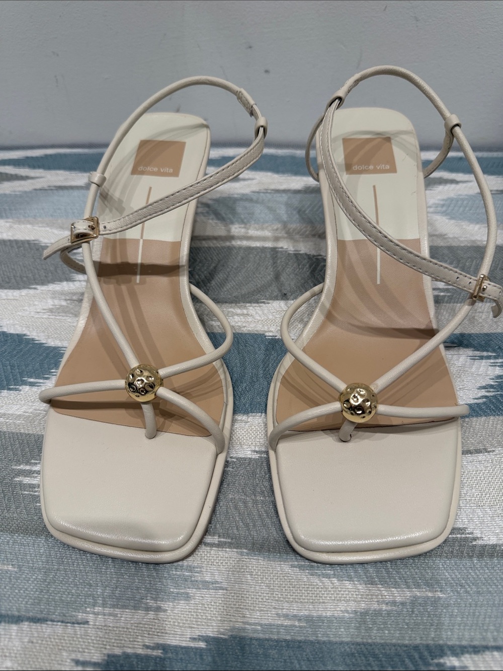 Dolce Vita Cream Strappy Square-Toe Heeled Sandals with Gold Accent